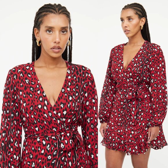 NWT A.L.C. Mini Dress Long Sleeves Leopard Print Wrap Tie-Up Belt Deep V-Neck - Picture 1 of 14